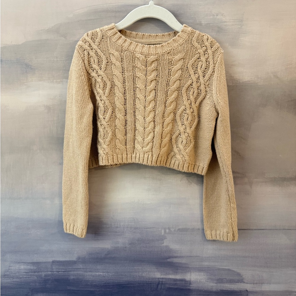 Cupcakes and Cashmere Girls Cable Knit Beige Gold Sparkle Sweater XS
